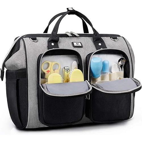 Diaper Bag Totes with Changing Pad & Stroller Straps, Large Portable Newborn Baby Bags, Unisex and Stylish Travel Diaper Backpacks for Mom and Dad (black/grey)