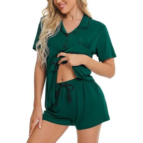 SWOMOG Womens Button Down Pajamas Set Short Sleeve Sleepwear Bride Soft Pj Lounge Sets XS-3XL