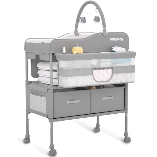 Baby Changing Table, Versatile Folding Changing Table, Waterproof Diaper Changing Station, Adjustable Height with 2 Drawers,Baby Changing Station, Mobile Nursery for Infant and Newborn