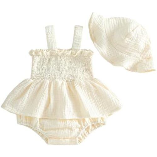 Mubineo Baby Girl Clothes Summer Dress Cotton Linen Romper Sleeveless Smocked Rompers Sun Dress Hat Skirt Boho Outfits