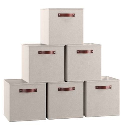 Ornavo Home 6 Pack Linen Fabric Storage Cube Bin With Faux Leather Handles - 11 Inch - Beige