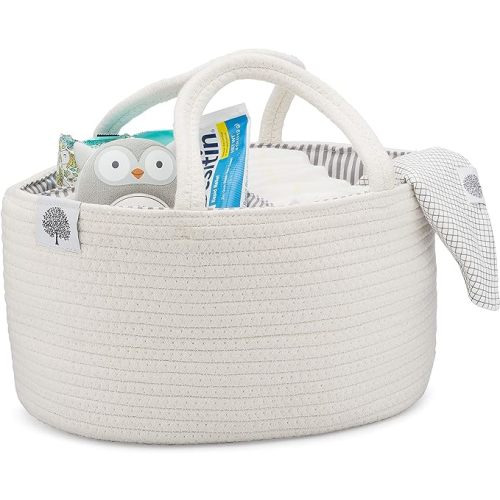 Parker Baby Rope Diaper Caddy Organizer - Nursery Storage Bin and Car Organizer for Diapers and Baby Wipes - Diaper Organizer for Baby Essentials - White