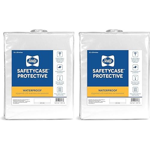 Sealy Baby SafetyCase Protective Waterproof Fitted Zippered Infant Crib Mattress Protector Pad and Toddler Bed Cover Encasement, Bug and Allergy Protection, Machine Washable, 52” x 28”- White