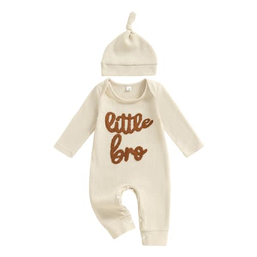 ZAXARRA Newborn Boy Stripe Romper Letter Embroidery Round Neck Jumpsuit with Hat