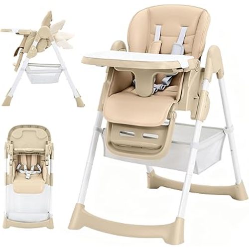 High Chairs for Babies and Toddlers, Foldable Baby High Chair with Adjustable Height, 3-Position Removable Tray, 5-Point Safety Harness, Easy Clean PU Cushion, Portable High Chair for Travel-Champagne
