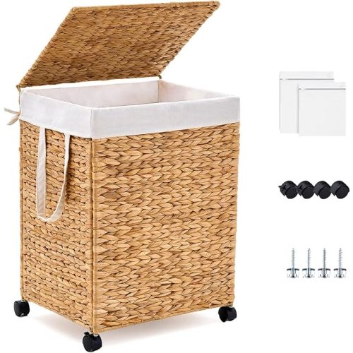 Rolling Laundry Hamper with Lid, Natural Water Hyacinth Basket with Removable Liner, Wheel or Non-Slip Installation Laundry Basket for Home Use (Natural, 100L)