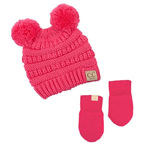 Funky Junque Baby Pom Beanie & Fleece Mittens Set - Warm Winter Essentials - Spring Colors, Classic Neutrals, Pattern Styles
