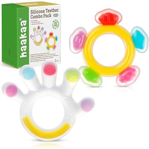 Haakaa Silicone Teether Combo - Baby Freezer Teething Toy - Soft Cold Teether - Soothe Teething Pain & Itching Gums - Perfect Size - Palm & Ferris Wheel Shape for 3M+ Babies BPA Free - 2 pk