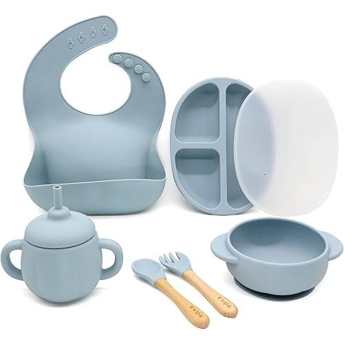 EVOS Silicone Baby Feeding Set|Baby-led weaning Set|Suction Plate & Bowl|Bib|Leak Proof Straw Cup|Self Feed Fork & Spoon| (Wooden Fork and Spoon, Dusty Blue)