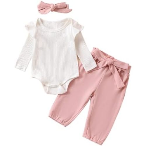 Baby Girl 3Pcs Outfit Ribbed Knit Solid Color Long Sleeve Romper + Pant + Headband Set Infant Spring Fall Clothes