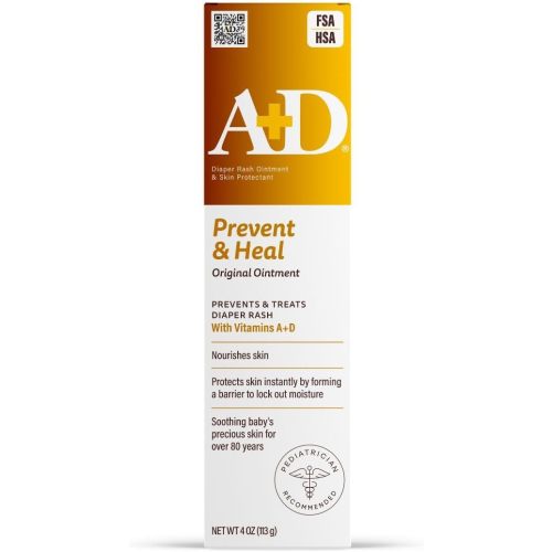 A+D Original Diaper Rash Ointment Prevents & Treats Diaper Rash, Moisturizing Skin Protectant with Vitamins A & D, Healing Skin Ointment for Dry and Cracked Skin 4oz