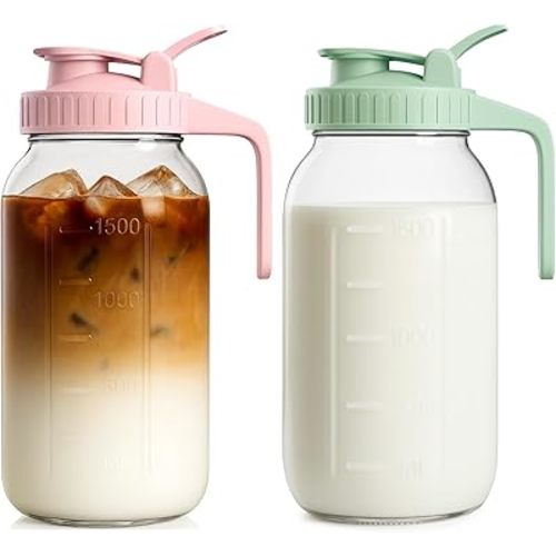 | 2 Pack | 64oz Glass Pitcher with Lid and Spout, 2 Quart (1.9 Liter) Mason Jar Pitcher Wide Mouth, Airtight Water Jug for Juice, Sun Tea, Iced Coffee, Milk Storage, Pink & Green