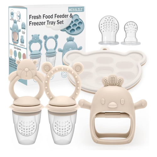 4 Pack Silicone Teething Mitten for Babies with Baby Fruit Food Feeder & Freezer Tray Set, BPA Free Infant Teething Relief Toy for 3 Month+, Additional Silicone Sacs