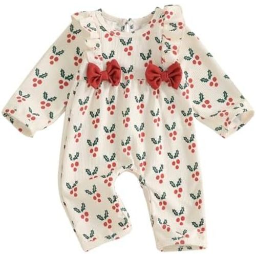 Newborn Baby Girl Christmas Outfit Waffle Knit Santa Candy Jumpsuit Romper Ruffle Bodysuit Long Overalls with Bow