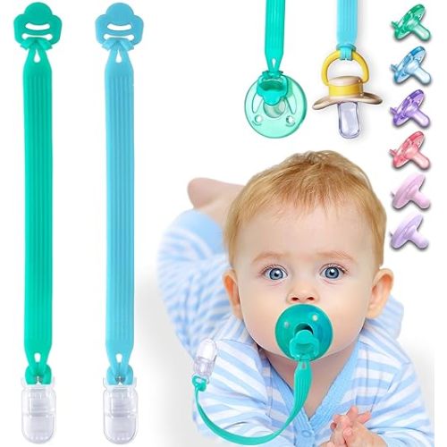 Silicone Pacifier Clip with Adapter Ring for Philips Avent Soothie, 2 Pack One-Piece Soft Binky Clips Holder for Baby Boys Girls, Newborn Baby Essentials for Teething Relief Toys Baby Shower