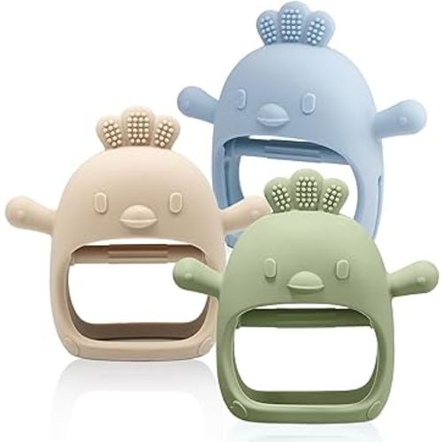 3 Packs Baby Teething Toy Silicone Teething Mitten for Babies Over 3 Months Anti Dropping Wrist Hand Teethers Baby Chew Toys for Sucking Needs, BPA Free (Olive, Caramel & Blue)