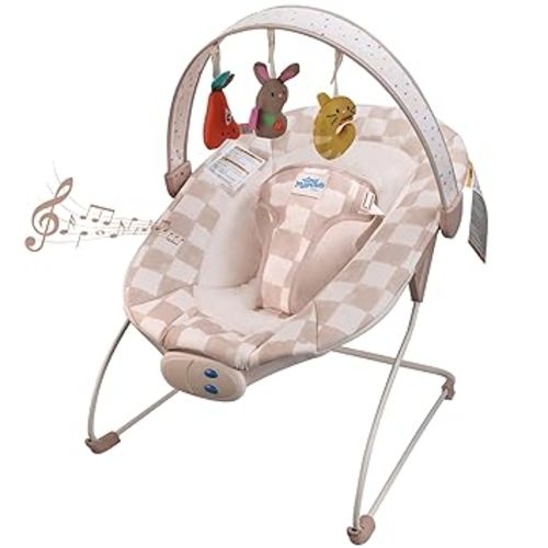 Baby Bouncer – Baby Bouncer seat, Infants Bouncy Seat with Music & Sensory Toys, Compact & Machine Washable Seat Pad Indoor Infant Seat, Ideal for Newborns 0-6 Months, Max Weight 20lbs (Sand Checker)