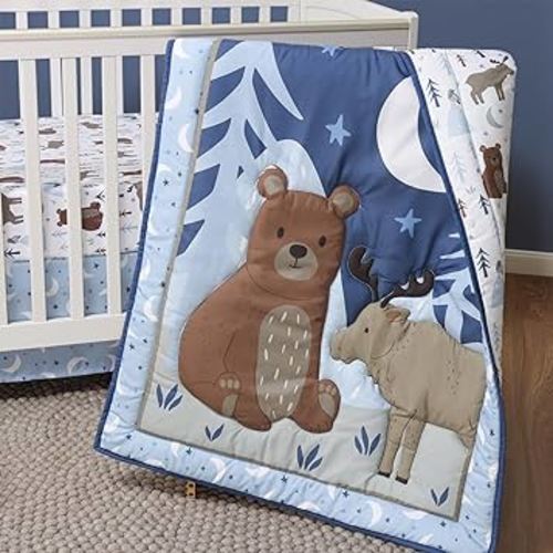 The Peanutshell Crib Bedding Set for Boys, Woodland Nursery Decor, Bear Moose Mountain Celestial Baby Bedding, Blue Crib Comforter, Fitted Crib Sheet, Crib Skirt