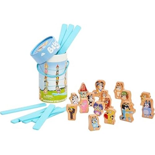 BLUEY – Wooden Stacking Game – 25 Build and Balance Pieces with Characters and Sticks in a Storage Tube – FSC Certified for Children 3 Years and Up
