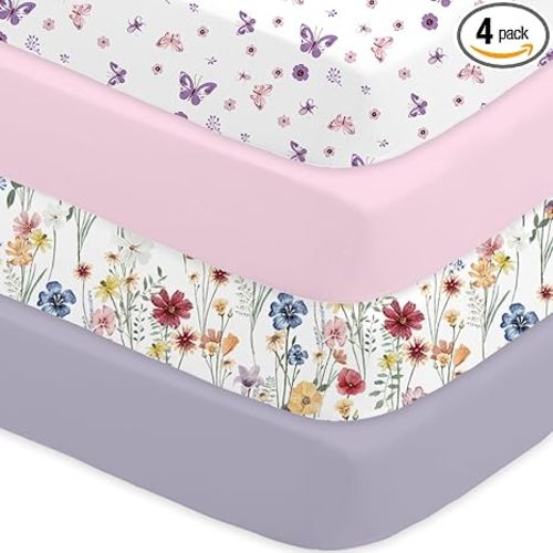 Bimocosy Crib Sheets 4 Pack, Baby Crib Sheets Fitted for Boys and Girls Breathable & Snug Fit, Soft Toddler Bed Sheets for Standard Crib Mattress Nursery Daycare Essentials, Butterfly Meadow