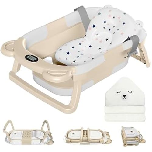 MoreFeel Collapsible Baby Bathtub for Newborn with Thermometer & 1 Hooded Towel & 1 Soft Floating Cushion,Portable Travel Bathtub with Drain Hole, Durable Foldable Baby Tubs for Infants to Toddler