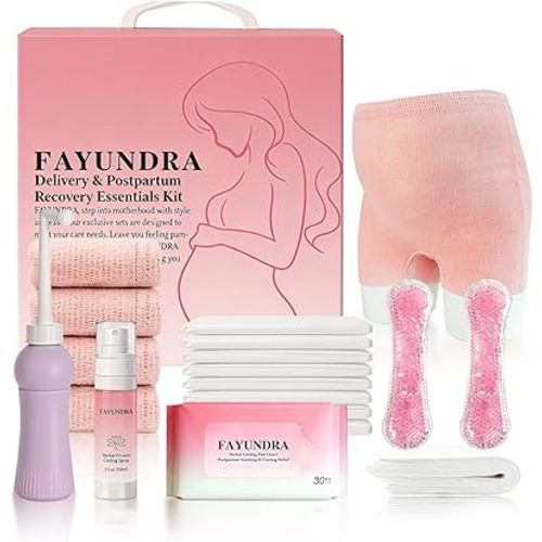 Postpartum Essentials Kit for Labor & Delivery, Postpartum Kit with Cooling Spray, 4 Disposable Postpartum Underwears, 8 Postpartum Pads, 2 Hot & Cold Packs, 30 Pad Liners, Peri Bottle (6)