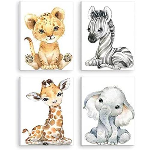 Kiddale Baby Watercolor Animals Wall Art Prints Set of 4 (8x10),Tiger Elephant Zebra Giraffe Safari Animals Pictures Nursery Decor Art,Stretched and Framed Ready to Hang