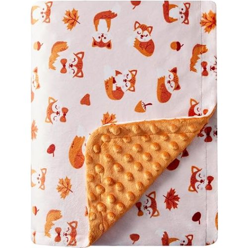 DaysU Silky Micro Soft Plush Baby Blankets Unisex with Print Animal Pattern and Soothing Raised Dots, Double Layer Bed Throws for Baby Crib, Fox, Orange, 30x40 Inches