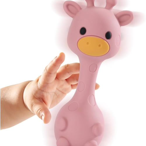 Giraffe Silicone Baby Teether Rattle Toy for 0-6 6-12 Months, BPA-Free Infant Teething Toy with Rattle Sound, Easy-Grip Design for Teething Relief (Dark Pink)