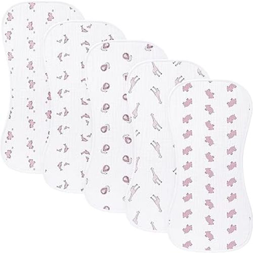 sleepyturtle 5 Pack Baby Burp Cloths, Unisex Newborn Burping Cloths, Soft and Absorbent Muslin Cotton, Large Size for Newborn, (Pink-cjl)
