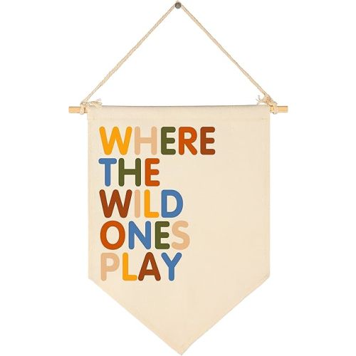 Where The Wild Ones Play - Canvas Hanging Pennant Flag Banner Wall Sign Decor Gift for Nursery Baby Kids Girl Boy Teen Bedroom Playroom Front Door- Baby Gift Shower Flay-Birthday Christmas Gift