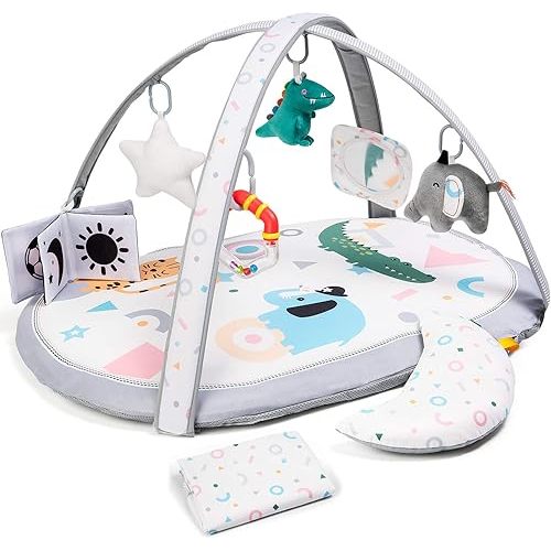 Lupantte 7 in 1 Baby Play Gym Mat with 2 Replaceable Washable Mat Covers Baby Activity Play Mat with 6 Toys, Visual, Hearing, Touch, Cognitive Development for Infant and Toddler, Thicker Non Slip