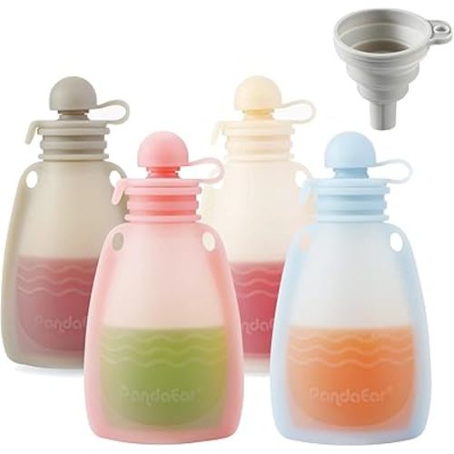 PandaEar Reusable Silicone Baby Food Pouches, 4 Pack Squeeze Pouches for Toddler Kids, BPA-Free Silicone Refillable Baby Food Storage, 5.5 oz