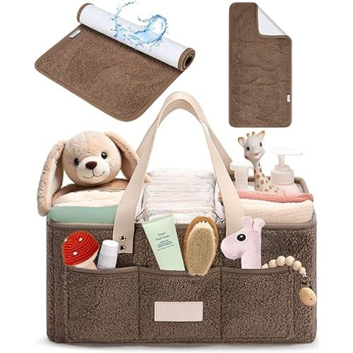 Baby Diaper Caddy Organizer with Portable Changing Mat - Teddy Fleece Diaper Organizer for Changing Table - Baby Basket for Diaper Changing Essentials - Baby Caddy Organizer with Removable Dividers