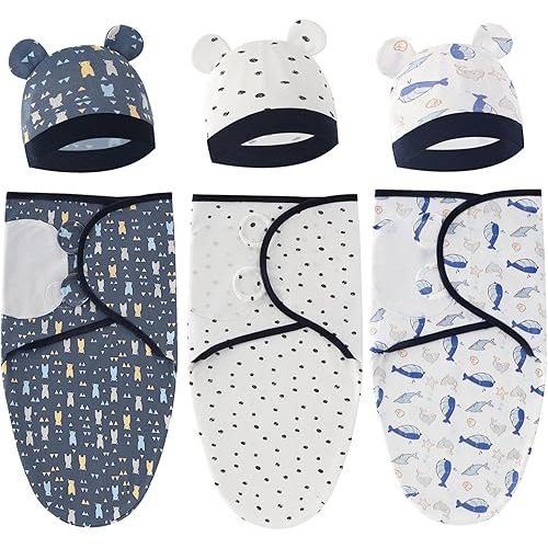 Baby Swaddle Sleep Sack with Hat Set for 0-3 months 3-Pack Soft Cotton Newborn Wearable Swaddle Wrap for Girls Boys