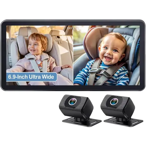 2-Kids Baby Car Camera for Seat: 6.9 Inch Ultrawide Display with Two Cameras Rear Facing - USB Powered Backseat Camera HD 1080P Easy to Install