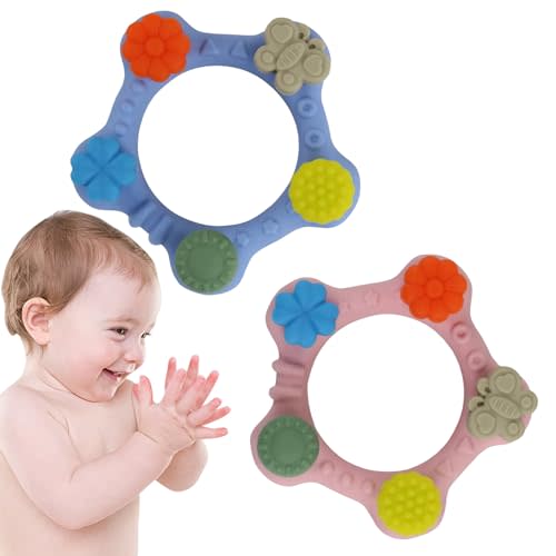 2 Pack Teething Toys for 0-36 Months, Best Teething Relief Soft Baby Teether Rings, BPA Free Silicone Teethers, Baby Infant Gift (Pink & Blue)