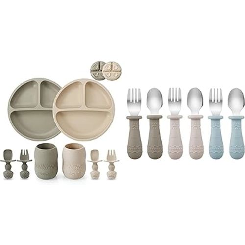 PandaEar Silicone Baby Feeding Set & Toddler Utensils (Light Tan/Walnut/Blue)