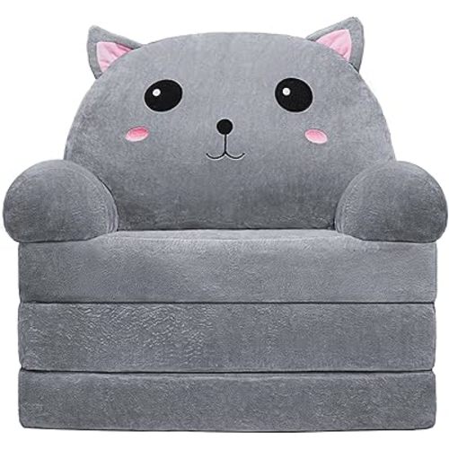 Toddler Chair Kids Sofa - Toddler Sofa Kids Couch Fold Out, 2 in 1 Flip Out Couch and Mini Sofa for Girls and Boys, Baby Couch for 1-4 Year Olds - Cute and Comfy Baby Sofa (Gray Cat)