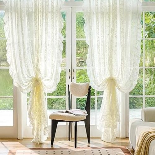 TUDECO Ruffle Curtains 2 Panels - Vintage Tulle Floral Lace Cream Sheer Curtains 84 Inches Long, Shabby Chic Decor, Rod Pocket Privacy Ruffled Drapes for Living Room, 59 x 84 Inch, Ivory
