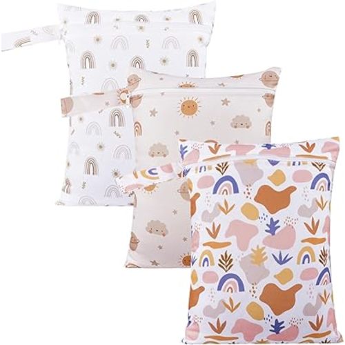 3 Set Wet Bag Storage Bag Zipper Waterproof Washable Travel Bags, Beach, Pool, Gym Bag for Cloth Diaper, Swimsuits & Wet Clothes for Baby,11.8x15.7inch (Rainbow)