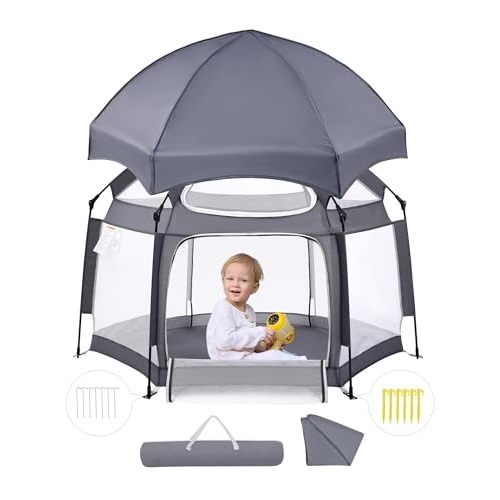 Babelio Baby Playpen with Canopy, Pop up Toddler Tent, Travel/Nap, Indoor and Outdoor, Portable&Foldable, Beach Tent, Sun Protection, Double-Door, One-Touch Storage - Grey