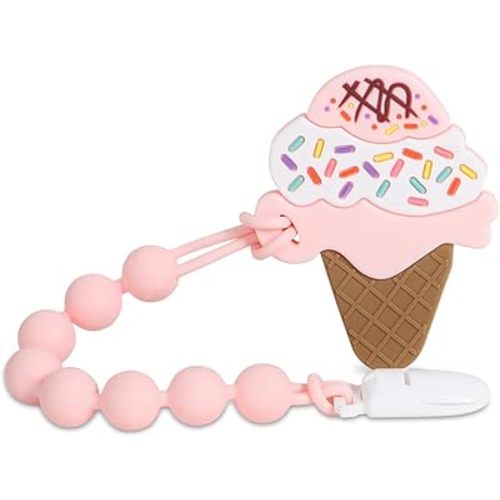 Baby Teething Toys,Food Grade Silicone Teether with One-Piece Pacifier Clip Holder,Baby Gift,Highly Effective Pain Relief for 3 Months+ Boy and Girl,BPA Free,Freezer Safe. (Ice Cream)