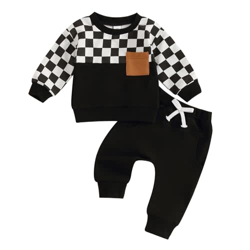 MoZiKQin Toddler Baby Boy Girl Clothes Checkered Color Block Long Sleeve Sweatshirt with Pants Set 2Pcs Fall Winter Outfits