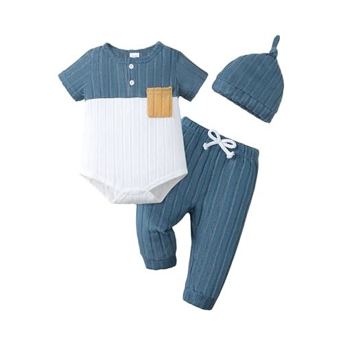 Renotemy Newborn Baby Boy Clothes Summer Outfit Essentials Preemie-12Months | Preemie Boy Coming Home Outfits,Baby Boys Bodysuit Long Pants Outfit Set with Hat,Color Block Short Sleeve Button Romper
