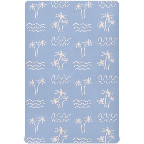 Fitted Crib Sheets Palm Tree Ocean Waves Boho Stretchy Portable Playard Sheets for Baby Toddler, Breathable Soft Mini Crib Mattress 39 x 27 in for Boys and Girls