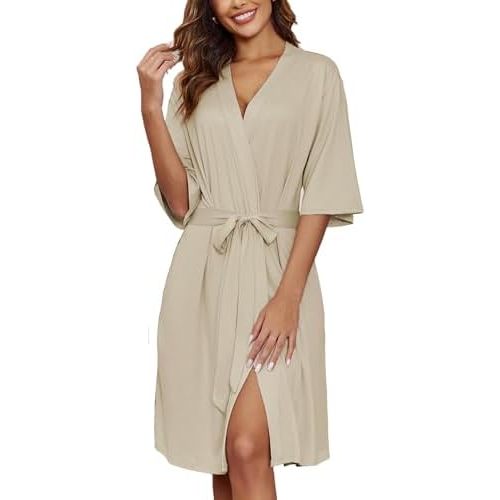 Ekouaer Short Robes for Women Lightweight Kimono Robes Knit Bathrobe Soft Sleepwear with Pockets S-XXL