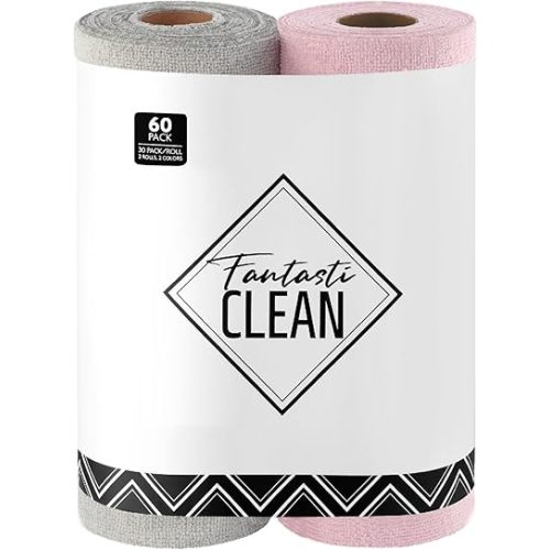 Fantasticlean Microfiber Cleaning Cloth Roll -60 Pack, Tear Away Microfiber Towels, 12" x 12", Reusable, Washable, Scratch Free, Ultra Absorbent Dish Rags for Car, Home, Garage or Shop (Pink & Grey)