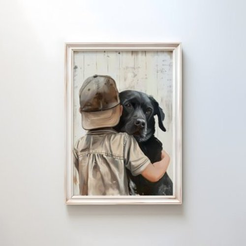 Labrador Nursery Decor, Boy & Dog Art Print, Black Lab Wall Art For Toddler Boy'S Room Gift, Decor For Living Room Bedroom, 12x18 UNFRAMED