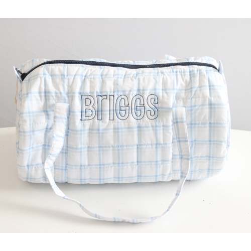 BLUE PLAID & NAVY QUILTED DUFFEL